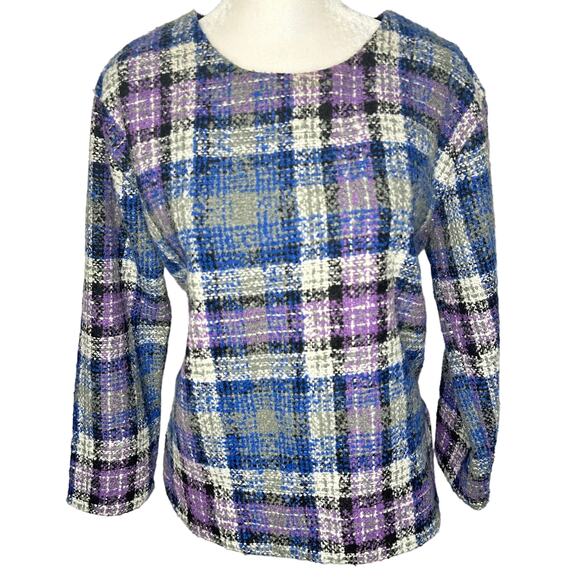 Emin & Paul Anthropologie Plaid Blue Purple Tweed Pullover Sweater Small - Picture 1 of 6